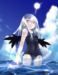  black_one-piece_swimsuit doll_joints female highres innertube joints kakashichi long_hair one-piece_swimsuit pink_eyes rozen_maiden school_swimsuit solo suigintou swim_ring swimsuit water white_hair wings 