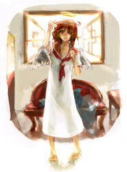  angel angel_wings bad_id bad_pixiv_id barefoot brown_hair feathered_wings female haibane_renmei halo messy_hair rakka_(haibane) school_uniform serafuku short_hair solo static_cling suimin toothbrush wings 