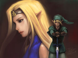  1boy blonde_hair female hat jayun link long_hair master_sword photoshop_(medium) pointy_ears princess_zelda sword the_legend_of_zelda weapon 