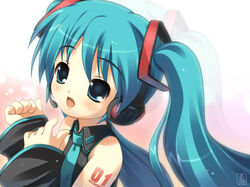  akiba_hideki aqua_hair detached_sleeves female hatsune_miku headphones long_hair long_sleeves solo twintails vocaloid 