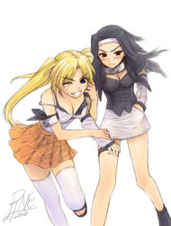  2girls blonde_hair breasts cleavage genderswap_(mtf) jayun medium_breasts multiple_girls naruko_(naruto) naruto naruto_(series) one_eye_closed orange_skirt rule_63 skirt thighhighs twintails uchiha_sasuke zettai_ryouiki 