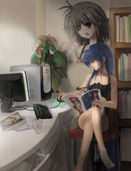  absurdres asahina_mikuru bad_id bad_pixiv_id bare_shoulders blue_hair book bookshelf cameo chair computer crossed_legs female figure glass green_eyes highres hiiragi_kagami izumi_konata keyboard_(computer) legs long_hair lucky_star mayumi_thyme mole mole_under_eye monitor mouse_(computer) office_chair otaku_room panties plant potted_plant realistic sakura_sora shuffle! sitting socks solo strap_slip suzumiya_haruhi_no_yuuutsu swivel_chair underwear 