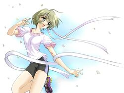  artist_request bike_shorts female green_eyes green_hair gym_uniform headband imageboard_desourced looking_back memories_off memories_off_1 non-web_source otowa_kaoru running short_hair solo tape 