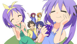  1boy 5girls blue_eyes brown_hair closed_eyes collarbone commentary_request eating family father_and_daughter food fruit grapes hair_ribbon happy hiiragi_inori hiiragi_kagami hiiragi_matsuri hiiragi_miki hiiragi_tadao hiiragi_tsukasa lucky_star mother_and_daughter multiple_girls open_mouth purple_hair ribbon siblings sisters smile sora_to_umi twins twintails waving 