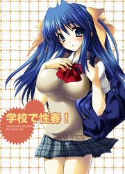  bag blue_eyes blue_hair blush breasts copyright_request cover cover_page doujin_cover female gakkou_de_seishun! hair_ribbon kanzaki_ayane large_breasts long_hair ribbon sanshoku_amido skirt solo sweater 