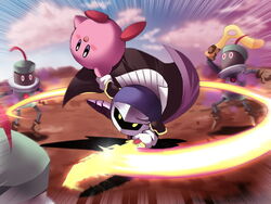  armor artist_request attack battle boomerang cape galaxia_(sword) gloves kirby kirby_(series) mask meta_knight primid super_smash_bros. sword weapon yellow_eyes 