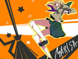  alternate_costume blonde_hair broom female kirisame_marisa midriff photoshop_(medium) school_uniform serafuku skirt solo star_(symbol) touhou yellow_eyes zen_(raspberry) 