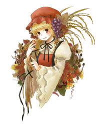  aki_minoriko autumn_leaves blonde_hair brown_eyes female food fruit grapes hair_fruit hat leaf looking_at_viewer nicolo_(nickelspoon) over_shoulder short_hair smile solo touhou upper_body wheat wide_sleeves 