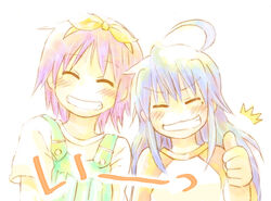  2girls ahoge blue_hair blush bow closed_eyes commentary_request grin hairbow happy headband hiiragi_tsukasa izumi_konata kusaka_yoru long_hair lucky_star mole mole_under_eye multiple_girls overalls photoshop_(medium) purple_hair raglan_sleeves ribbon short_hair simple_background smile teeth thumbs_up 