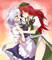  2girls bad_link blush closed_eyes holding_another&#039;s_wrist hong_meiling imminent_kiss izayoi_sakuya kiji_(manekinuko-tei) long_hair multiple_girls touhou yuri 