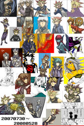  3girls 6+boys absurdres atem bad_id bad_pixiv_id bakura_ryou belt black_hair blonde_hair blue_skin breasts brown_hair cape card chains collar colored_skin crop_top crossed_arms dark_skin dated dual_persona duel_disk duel_monster earrings edo_phoenix egyptian feathered_wings feathers formal fudo_yusei gakuran harpie_lady harpie_lady_(normal_monster) harpy highres honmaguro_(ran) jewelry johan_andersen long_hair mana_(yu-gi-oh!) marik_ishtar medium_breasts midriff millennium_puzzle millennium_ring monster_girl multicolored_hair multiple_belts multiple_boys multiple_girls muto_yugi neck_ring necklace oekaki photoshop_(medium) pointy_ears red_hair saio_takuma school_uniform shirt short_hair sideboob silhouette small_breasts spiked_hair striped_clothes striped_shirt studded_belt suit sword touzokuou_bakura two-tone_hair weapon white_hair winged_arms winged_kuriboh wings yami_marik yami_yugi yu-gi-oh! yu-gi-oh!_5d&#039;s yu-gi-oh!_duel_monsters yu-gi-oh!_gx yuki_judai 