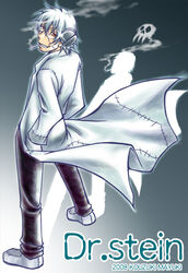  1boy bad_id bad_pixiv_id cigarette franken_stein_(soul_eater) glasses kouzuki_mayuki lab_coat male_focus object_through_head photoshop_(medium) red_eyes scar screw_in_head smirk smoking solo soul_eater white_hair 