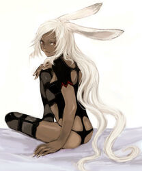  animal_ears bad_id bad_pixiv_id dark-skinned_female dark_skin female final_fantasy final_fantasy_xii fran_(ff12) kno_(anahita) long_hair looking_back rabbit_ears red_eyes sitting solo thighhighs viera white_hair 