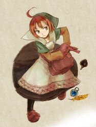  ahoge apron bad_id bad_pixiv_id bag belt bottle brown_hair chemist_(fft) cosplay feathers female final_fantasy final_fantasy_tactics gloves green_eyes hood kno_(anahita) long_skirt potion shoes skirt solo 