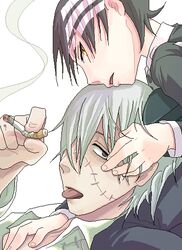  2boys black_hair cigarette commentary_request death_the_kid franken_stein_(soul_eater) harukaumedaya looking_at_viewer looking_back multiple_boys object_through_head oekaki parted_lips profile screw_in_head short_hair smoke smoking soul_eater stitches tongue 