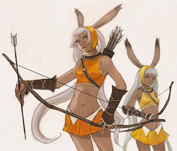  2girls animal_ears armpits arrow_(projectile) bad_id bad_pixiv_id bare_shoulders bow_(weapon) bracer crop_top dark-skinned_female dark_skin elbow_pads final_fantasy final_fantasy_tactics_a2 final_fantasy_tactics_advance grey_eyes hairband kno_(anahita) long_hair midriff multiple_girls navel quiver rabbit_ears simple_background skirt strap very_long_hair viera weapon white_background white_hair wristband 