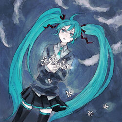  aqua_eyes aqua_hair bad_id bad_pixiv_id cloud female flower hatsune_miku kno_(anahita) long_hair necktie open_mouth ribbon skirt sky solo sweater thighhighs twintails very_long_hair vocaloid zettai_ryouiki 