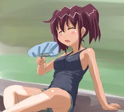  asou_natsumi brown_hair closed_eyes female grey_shorts hand_fan imageboard_desourced non-web_source open_mouth paper_fan short_hair shorts sketchbook_full_colors solo tank_top twintails uchiwa 