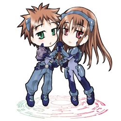  2girls brown_hair deed_(nanoha) green_eyes holding_hands interlocked_fingers kakashichi long_hair lyrical_nanoha mahou_shoujo_lyrical_nanoha_strikers multiple_girls numbers_(nanoha) otto_(nanoha) red_eyes reverse_trap short_hair 