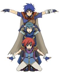  317_(saina) 3boys :o ^_^ bad_id bad_pixiv_id blue_eyes blue_hair cape closed_eyes commentary_request d: fire_emblem fire_emblem:_mystery_of_the_emblem fire_emblem:_path_of_radiance fire_emblem:_the_binding_blade gloves headband ike_(fire_emblem) male_focus marth_(fire_emblem) md5_mismatch multiple_boys open_mouth parody red_hair roy_(fire_emblem) smile soul_eater standing tiara 