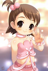  akiba_hideki arm_behind_back bare_shoulders blush brown_eyes brown_hair choker closed_mouth collarbone cute_&amp;_girly_(idolmaster) female futami_ami hair_bobbles hair_ornament idolmaster idolmaster_(classic) idolmaster_1 lolicon looking_at_viewer midriff navel short_hair short_ponytail side_ponytail skirt smile solo v wrist_cuffs 