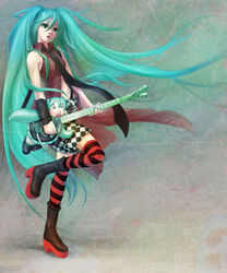  aqua_hair commentary_request female guitar hachune_miku hatsune_miku highres instrument long_hair naramura photoshop_(medium) platform_footwear solo spring_onion striped_clothes striped_thighhighs themed_object thighhighs twintails vocaloid zettai_ryouiki 