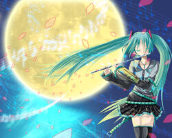  aqua_hair commentary_request female flute hatsune_miku instrument katou_kouki long_hair moon musical_note petals skirt solo staff_(music) thighhighs twintails vocaloid zettai_ryouiki 