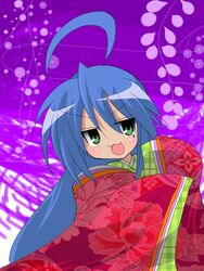  ahoge blue_hair buuwa commentary_request female green_eyes izumi_konata japanese_clothes kimono long_hair lucky_star mole mole_under_eye solo 