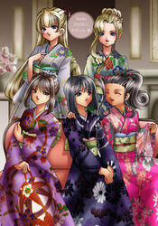  5girls black_hair blonde_hair blue_eyes brown_eyes brown_hair closed_eyes floral_print glycine_bleumer green_eyes hair_bun japanese_clothes kanzaki_sumire kimono kitaooji_hanabi long_hair mole mole_under_eye multiple_girls ponytail ratchet_altair sakura_taisen sakura_taisen_ii sakura_taisen_iii sakura_taisen_v short_hair single_hair_bun sirotuka_lambda smile soletta_orihime temari_print 