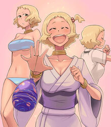  :d ^_^ bikini blonde_hair bowieknife bracelet breasts cleavage closed_eyes collar commentary_request dark-skinned_female dark_skin expressions female happy hyakko japanese_clothes jewelry kimono ooba_minato open_mouth parted_lips pink_background short_hair smile swimsuit tears underboob water_yoyo yukata 