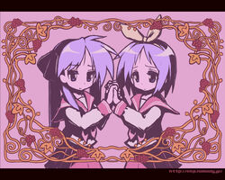  2girls alphabet_(alphabetnoon) bad_id bad_pixiv_id bad_source blue_eyes closed_mouth hiiragi_kagami hiiragi_tsukasa holding_hands interlocked_fingers letterboxed long_hair long_sleeves lucky_star multiple_girls neckerchief pink_neckerchief purple_eyes purple_hair red_sailor_collar ryouou_school_uniform sailor_collar school_uniform serafuku short_hair siblings sisters symmetry twins twintails watermark web_address 