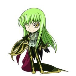  artist_request c.c. chibi code_geass cosplay female full_body green_hair highres long_hair one_eye_closed solo transparent_background zero_(code_geass) zero_(code_geass)_(cosplay) 