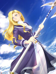  blonde_hair blue_eyes cloud day female glycine_bleumer halberd itsuki_torii long_hair polearm sakura_taisen sakura_taisen_iii sky solo weapon 