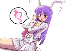  animal_ears blush commentary_request dress_shirt female long_hair open_clothes open_mouth open_shirt pleated_skirt purple_hair rabbit_ears rabbit_girl rabbit_tail red_eyes reisen_udongein_inaba shirosa shirt short_tail sitting skirt solo speech_bubble surprised tail touhou wariza 