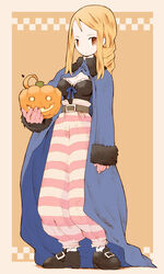  agrias_oaks b.tarou black_mage_(fft) black_mage_(final_fantasy) blonde_hair blush braid breasts cleavage cloak female final_fantasy final_fantasy_tactics jack-o&#039;-lantern long_hair medium_breasts photoshop_(medium) pumpkin single_braid solo yellow_eyes 