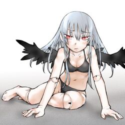  arm_support barefoot bikini black_bikini blush doll_joints female grey_hair hands joints kakashichi red_eyes rozen_maiden solo suigintou swimsuit wings 