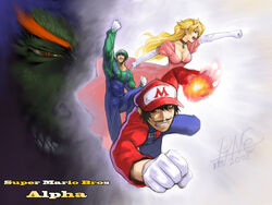  2boys abs action blonde_hair bowser breasts cleavage female highres jayun long_hair luigi mario mario_(series) medium_breasts multiple_boys parody photoshop_(medium) princess_peach punching shouryuuken street_fighter street_fighter_zero_(series) uppercut 