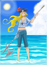  barefoot blonde_hair blue_eyes breasts capri_pants cleavage commentary_request crop_top female glycine_bleumer halberd hat long_hair medium_breasts midriff navel ocean pants pirate polearm sakura_taisen sakura_taisen_iii solo water weapon yuimaru 