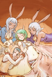  4girls aluette animal_ears bad_id bad_pixiv_id bare_shoulders blanket blue_eyes blue_hair closed_eyes dark-skinned_female dark_skin dragon_girl dragon_horns dragon_tail final_fantasy final_fantasy_tactics_a2 final_fantasy_tactics_advance gloves green_eyes green_hair grey_hair gria heart helmet horns jacket kno_(anahita) lili_(ffta2) long_hair lovely_voice lying mayhew midriff monster_girl multiple_girls navel open_mouth pointy_ears prima_donna rabbit_ears short_hair sleeping smile tail valentyne vest viera wings 