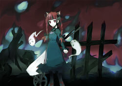  braid female fence ghost hell kaenbyou_rin pink_eyes red_hair solo takanashi_akihito touhou twin_braids wheelbarrow 