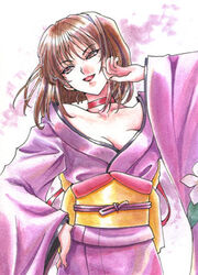  breasts brown_eyes brown_hair cleavage commentary_request female japanese_clothes kanzaki_sumire kimono large_breasts laughing lowres mole mole_under_eye sakura_taisen short_hair sirotuka_lambda smile solo 