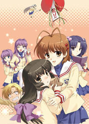  1boy 6+girls antenna_hair book brown_eyes clannad commentary_request confetti_ball fujibayashi_kyou fujibayashi_ryou furukawa_nagisa hikarizaka_private_high_school_uniform ibuki_fuuko ichinose_kotomi long_hair looking_at_viewer misaki_juri multiple_girls one_eye_closed partial_commentary purple_eyes purple_hair sakagami_tomoyo school_uniform siblings sisters starfish sunohara_youhei twins yellow_eyes 