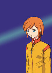  blue_background blue_eyes bob_cut expressionless female imageboard_desourced jacket looking_down luna_(mujin_wakusei_survive) mandarin_collar mujin_wakusei_survive non-web_source red_hair short_hair solo upper_body yellow_jacket zipper 