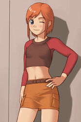  belt blue_eyes bob_cut covered_nipples crop_top female flat_chest imageboard_desourced luna_(mujin_wakusei_survive) midriff mujin_wakusei_survive non-web_source one_eye_closed pencil_skirt raglan_sleeves red_hair short_hair skirt smile solo 