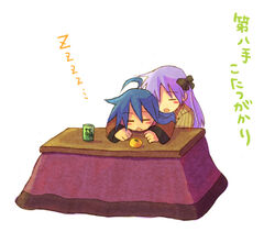  2girls ahoge bad_id bad_pixiv_id blue_hair blush_stickers closed_eyes cup food fruit hair_ribbon hiiragi_kagami hug izumi_konata kotatsu kusaka_yoru long_hair lucky_star mandarin_orange moe_(phrase) mole mole_under_eye multiple_girls open_mouth photoshop_(medium) pun purple_hair ribbon shijuuhatte simple_background sleeping table translated twintails white_background yunomi zzz 