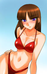  bad_id bad_pixiv_id bikini blush breasts brown_hair cleavage commentary_request female gundam gundam_seed gundam_seed_destiny hand_on_own_hip large_breasts long_hair navel purple_eyes red_bikini shiho_hahnenfuss solo swimsuit tooru_jin 