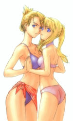  2girls ass asymmetrical_docking bikini blonde_hair blue_eyes breast_press breasts folded_ponytail fullmetal_alchemist jayun long_neck medium_breasts multiple_girls ponytail print_sarong red_sarong riza_hawkeye sarong swimsuit winry_rockbell yuri 