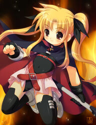  akiba_hideki belt blonde_hair cape fate_testarossa female fingerless_gloves gloves lolicon long_hair lyrical_nanoha mahou_shoujo_lyrical_nanoha red_eyes solo thighhighs twintails 