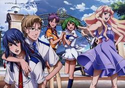  2boys 3girls :d absurdres arm_around_neck blush detexted dress glasses highres holding_hands interlocked_fingers macross macross_frontier matsuura_nanase mihoshi_academy_school_uniform mikhail_buran multiple_boys multiple_girls official_art ootsuka_yae open_mouth pointing ranka_lee saint_mary&#039;s_academy_school_uniform saotome_alto scan school_uniform sheryl_nome smile third-party_edit 