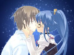  1boy artist_request blue_hair blue_theme brown_eyes brown_hair closed_eyes couple dress female glasses kissing long_hair nanatsuiro_drops ponytail straight tsuwabuki_masaharu very_long_hair water water_drop yuuki_nona 